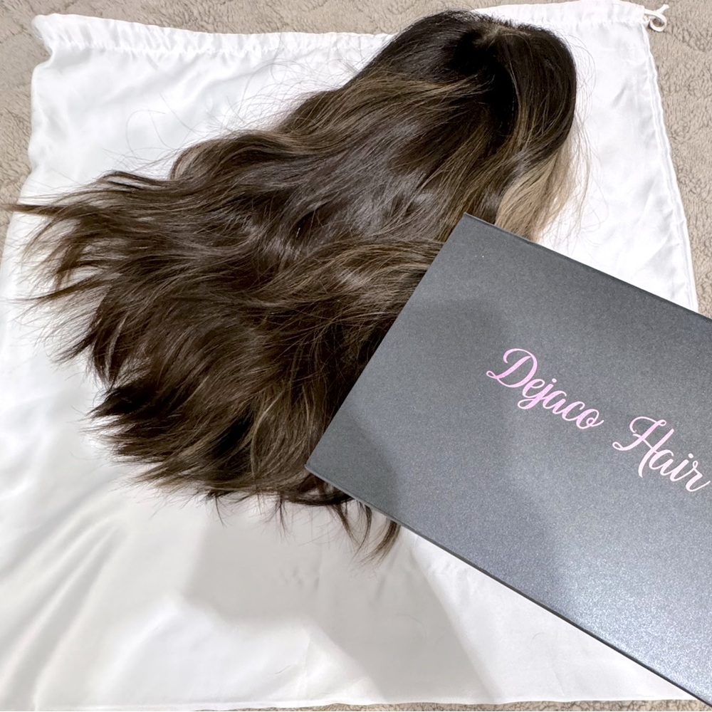 Human hair wig by Dejaco Hair. Worn 2x for photos.